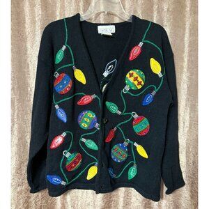 Vintage Women's Christmas Cardigan Sweater 3D Embroidered Button-Up Size M Ramie